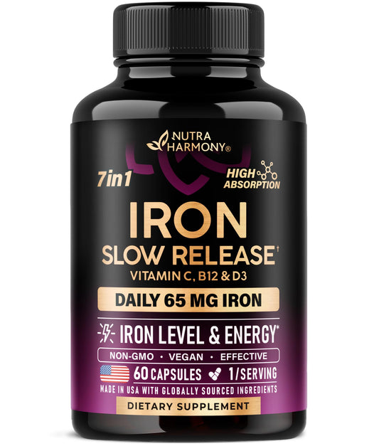 Iron Supplement for Women - Iron 65mg (Ferrous Sulfate 325mg) - Stomach Friendly | Slow Release Iron | High Absorption - Vitamins C, D3, B6, B12 & Folate
