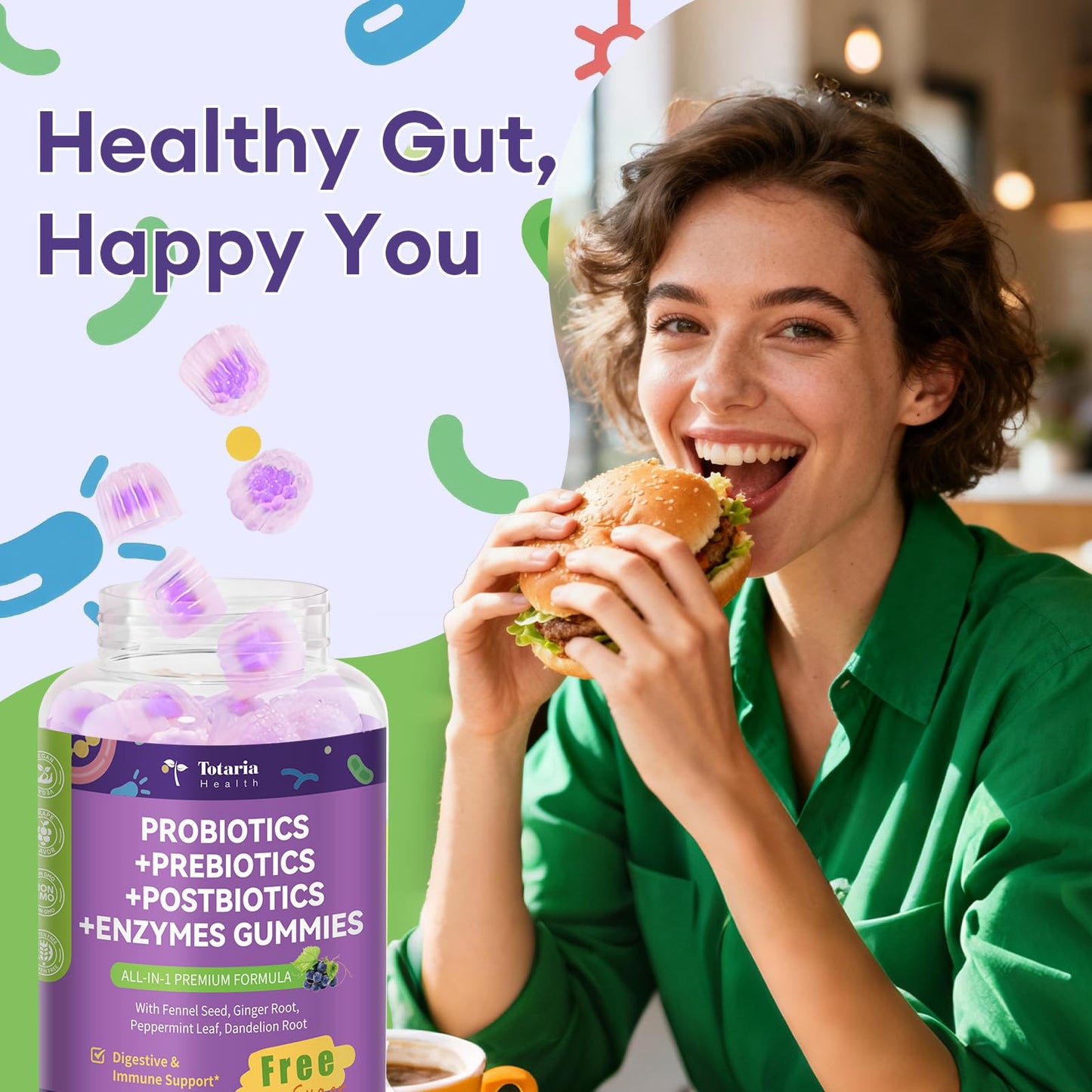 Totaria 2 PCS Sugar Free 5-in-1 Probiotic Prebiotic Postbiotic Gummy, 36 Strains Probiotics for Women Men with Digestive Enzymes, Peppermint, Complete Immune, Gut & Digestive Support, Grape Flavor