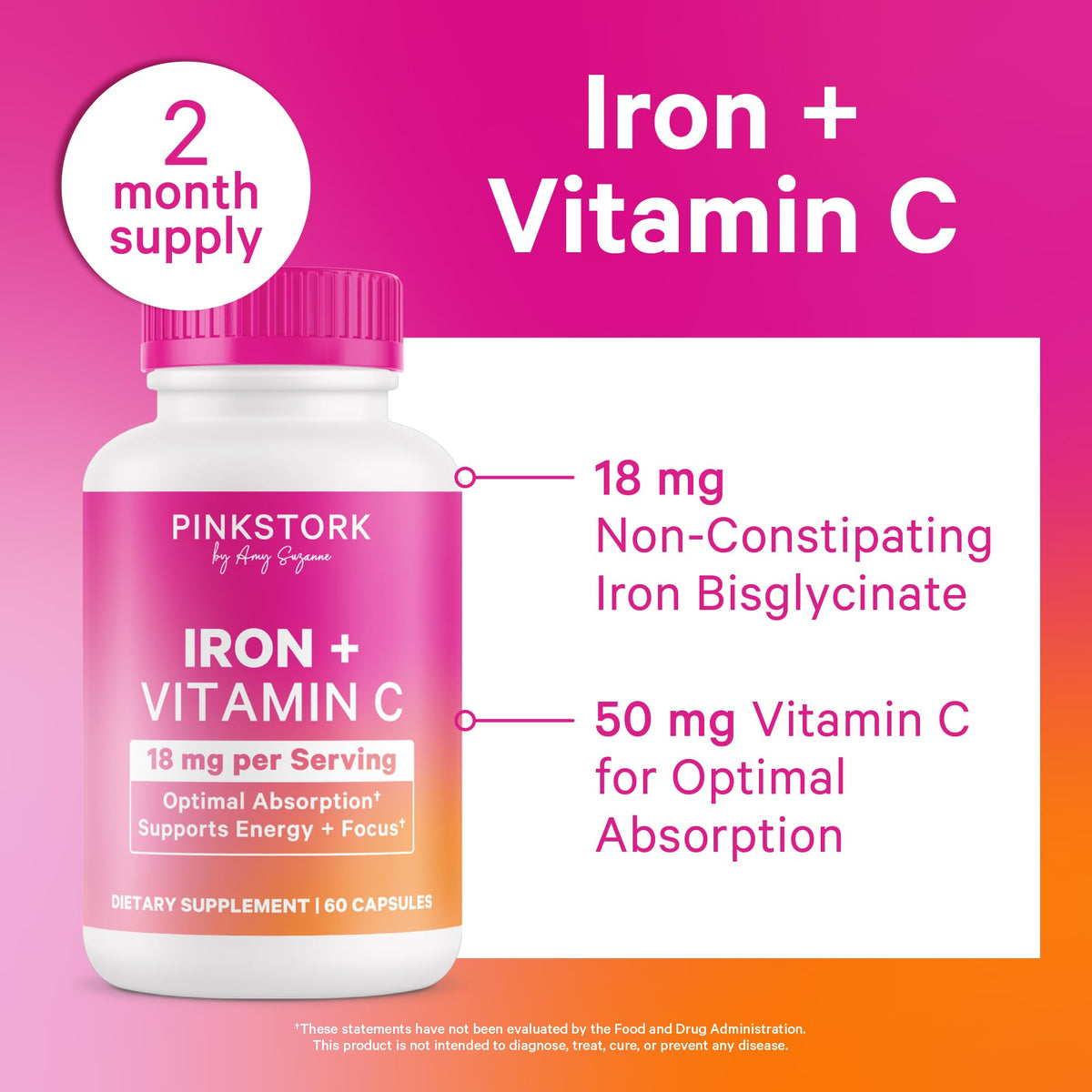 Pink Stork Iron for Women with Vitamin C, 60 Capsules, 2-Month Supply | 18 mg Chelated Iron Bisglycinate + Vitamin C, Supports Energy, Focus + Oxygen, Pregnancy, Postpartum, PMS + Perimenopause