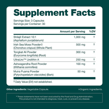 Urolithin-A Complex with Shilajit, Sea Moss, Ashwagandha & Tongkat Ali 90Ct | Urolithin a supplement, supports natural energy, hormone balance, focus & cellular health, vegan, non-GMO, made in USA