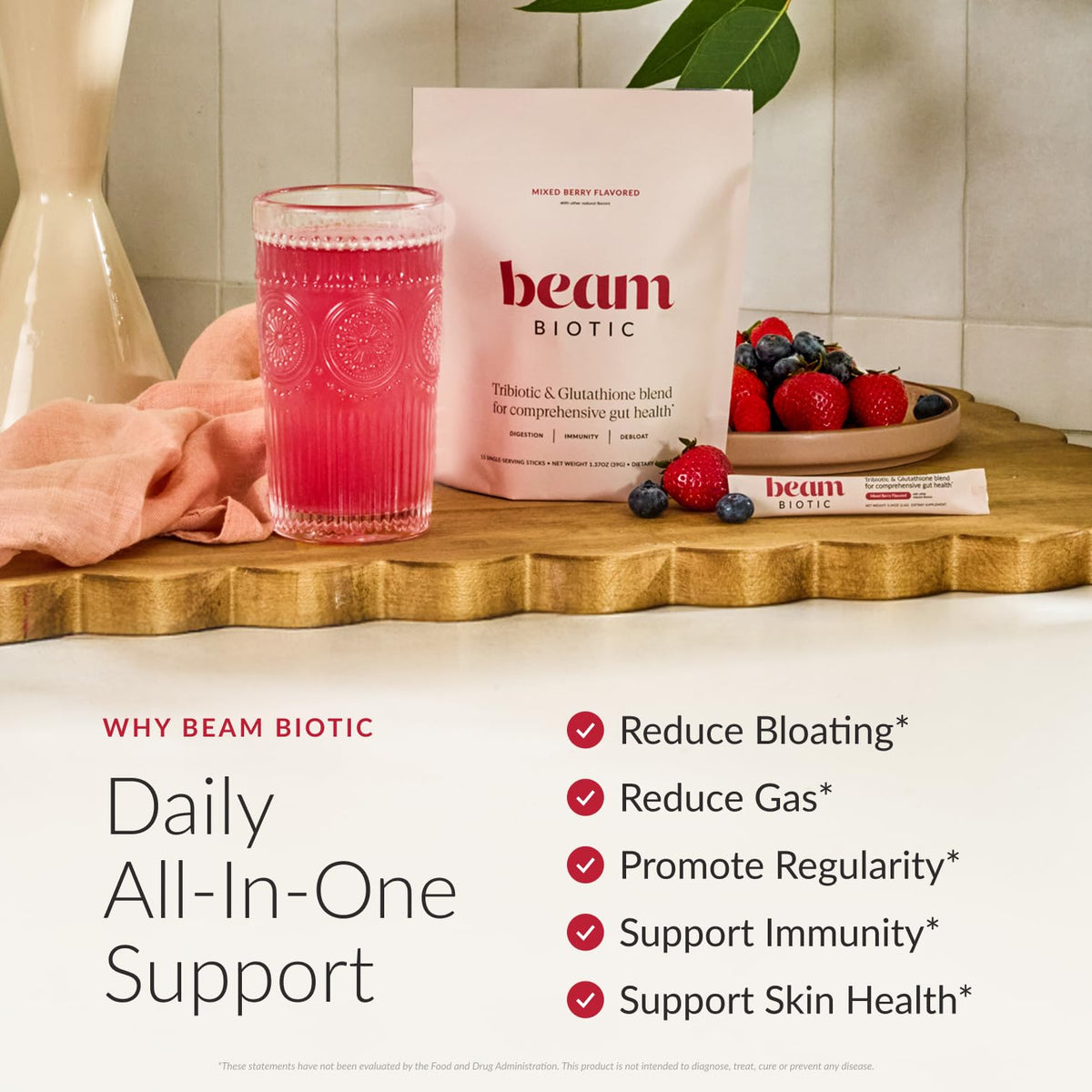 BEAM Biotic Probiotics for Women & Men – Gut Health for Women & Men, Digestive Health with Pre, Pro & Postbiotics + Glutathione, Daily Probiotic Drink for Bloating Relief, Blue Raspberry, 15 Servings