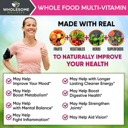 Wholesome Wellness Whole Food Multivitamin for Women - Natural Multi Vitamins, Minerals, Organic Extracts Digestive Enzymes 1000MG Bundle