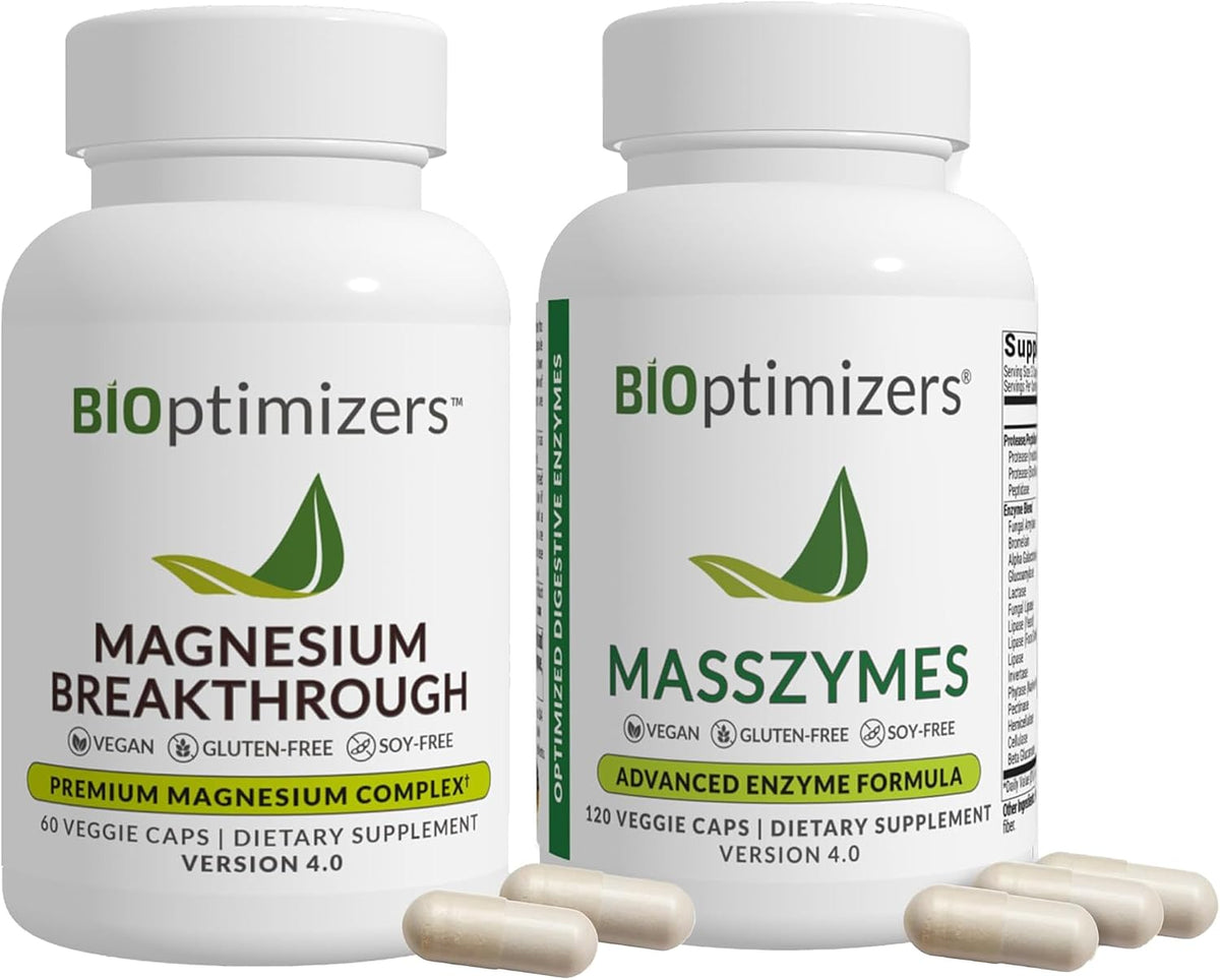 BiOptimizers MassZymes Digestive Enzymes - Probiotic Breakthrough Bundle – Gut Health & Bloating Relief – Prebiotic & Enzyme Support for Digestion, Energy, Immunity & Recovery – 180 Vegan Capsules