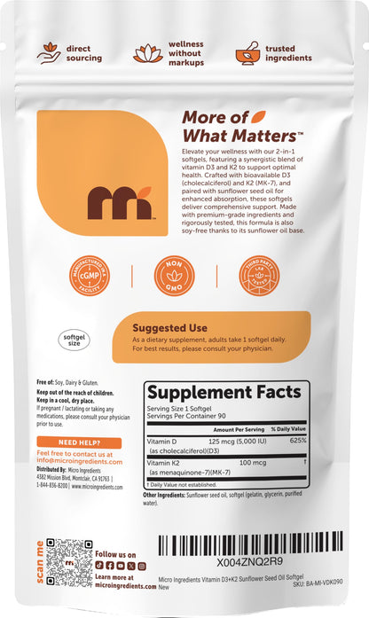Micro Ingredients Vitamin D3 + K2 MK-7 5,000 IU Per Serving, 300 Softgels | K2 100 mcg Per Serving, D3 & K2 Vitamin Supplement for Women & Men. Easy-to-Swallow, Non-GMO, Gluten Free.