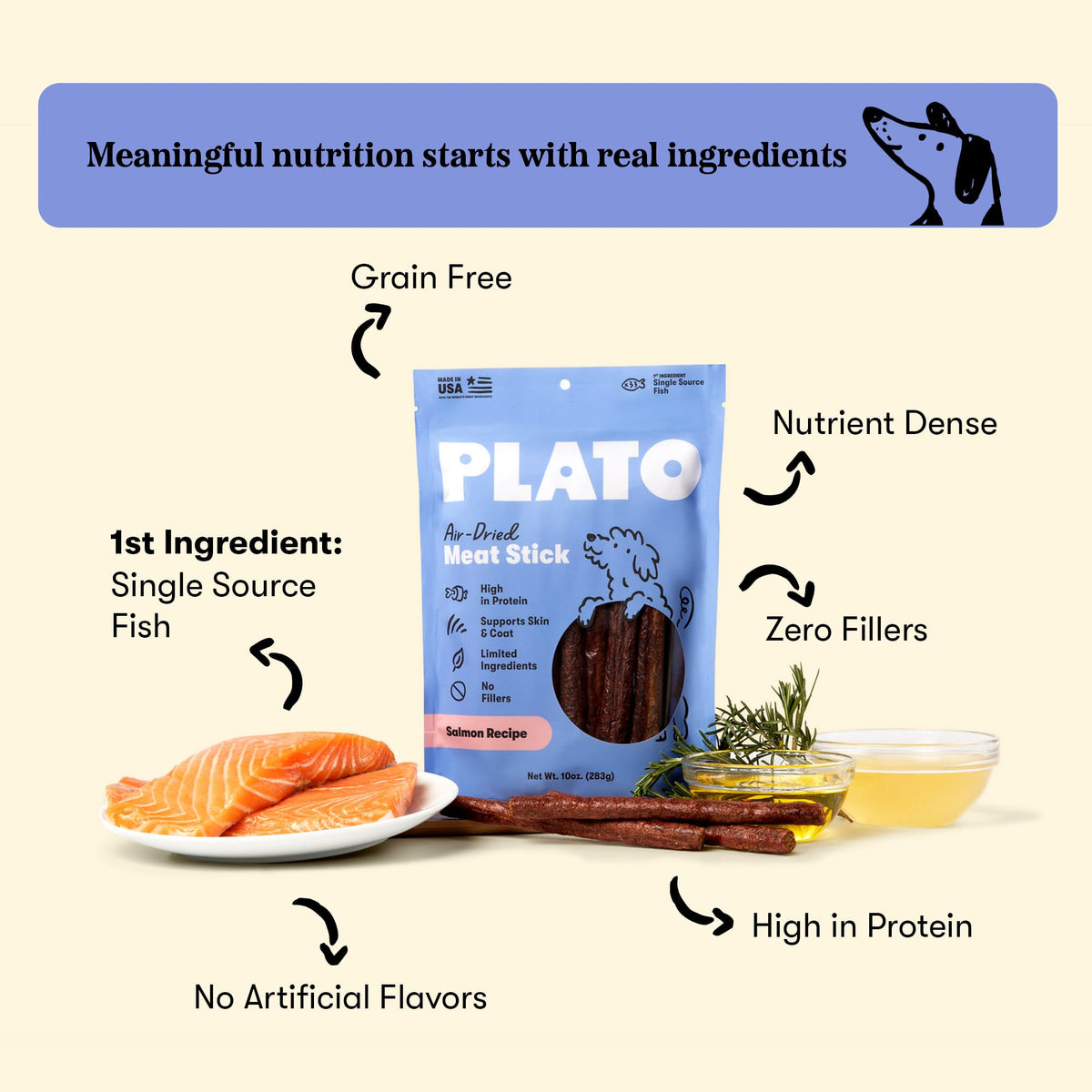 Plato Meat Sticks Salmon Dog Treats, Air-Dried High-Protein Soft Chews with Omega Fish Oil (EPA & DHA), 10 oz
