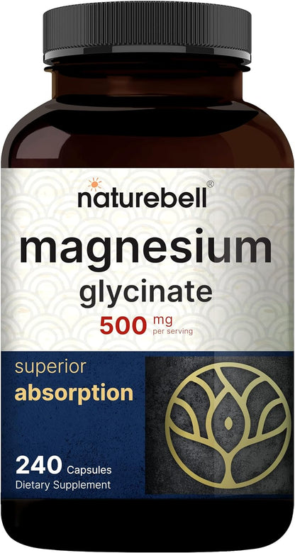 NatureBell Magnesium Glycinate Capsules 500mg & Myco Guardians 10 in 1 Mushroom Powder 10oz Bundle Pack | Chelated & Purified Mineral | Immune Booster & Brain Health Support