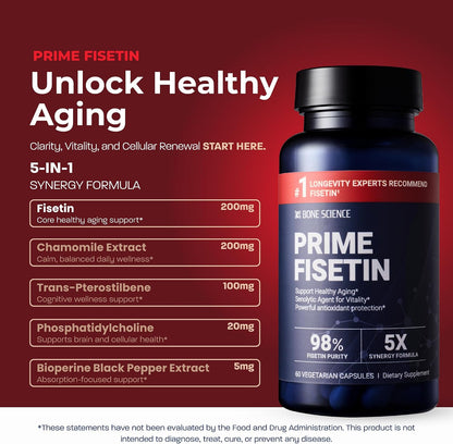BONE SCIENCE Prime Fisetin 98% Flavonoid Complex, BioPerine, 60 Capsules