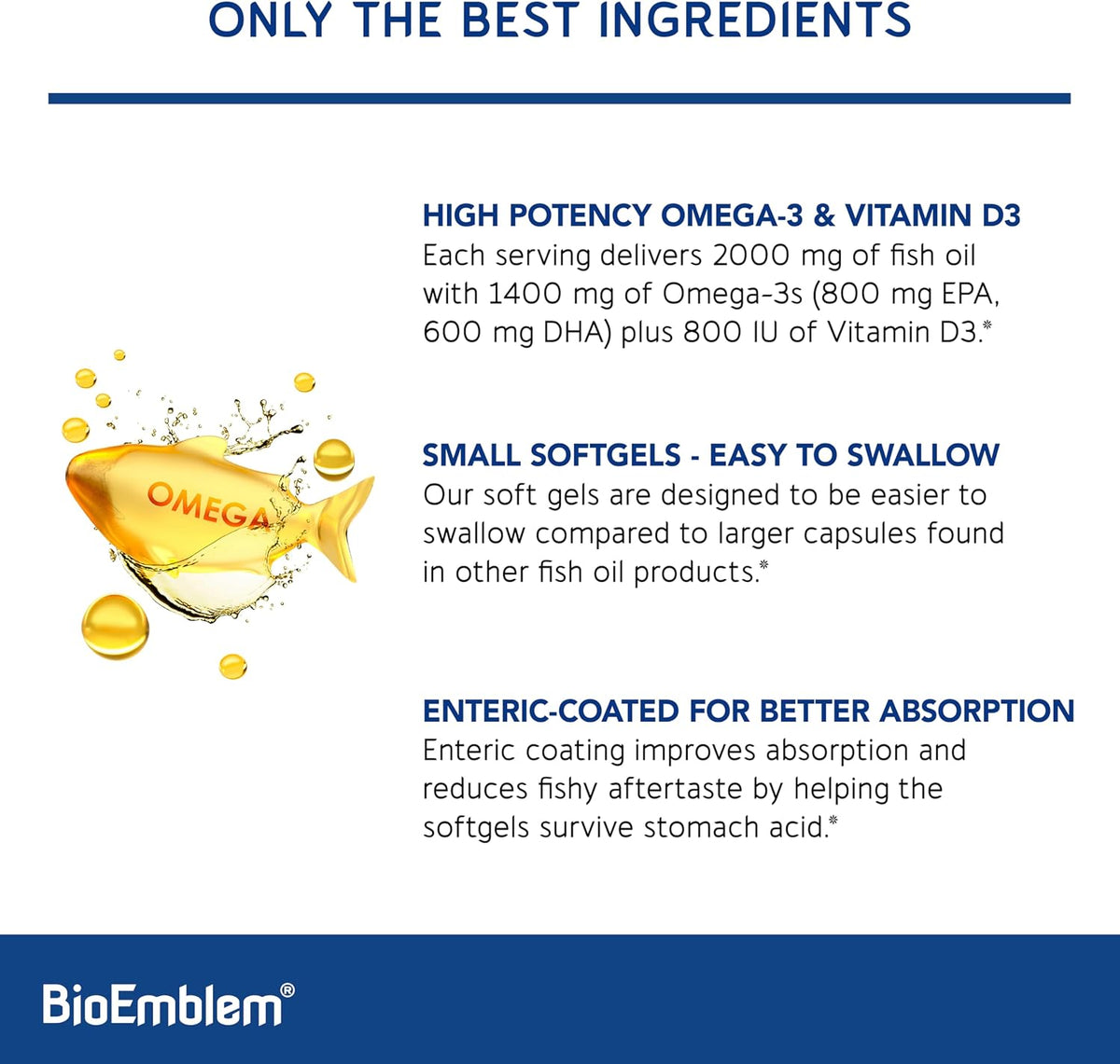 BioEmblem Omega-3 Fish Oil 2000mg Per Serving - Small Size Softgels, High Absorption Form, Sustainable - EPA &DHA Plus Vitamin D3, Non-GMO, Heart, Joint, & Brain Health Fish Oil Supplement, 120 Ct