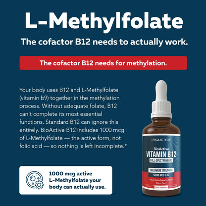 BioActive Vitamin B12 - 5000 mcg, Contains 3 BioActive Forms Methylfolate Cofactor - Methyl B12, Adenosyl B12 & Hydroxy B12 | Supports Energy, Metabolism & Mood | Vegan, Non-GMO (60 Servings)