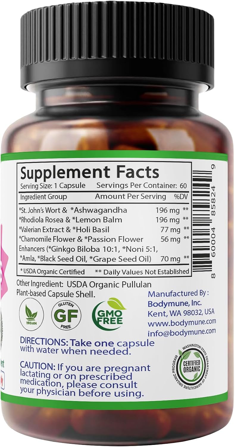 Bodymune Organic MoodBliss | Supports a Calm, Relaxed & Positive Mood* | with Ashwagandha, St. John's Wort & Lemon Balm | USDA Organic, USA-Made, Non-GMO, Gluten-Free - 60 cts.