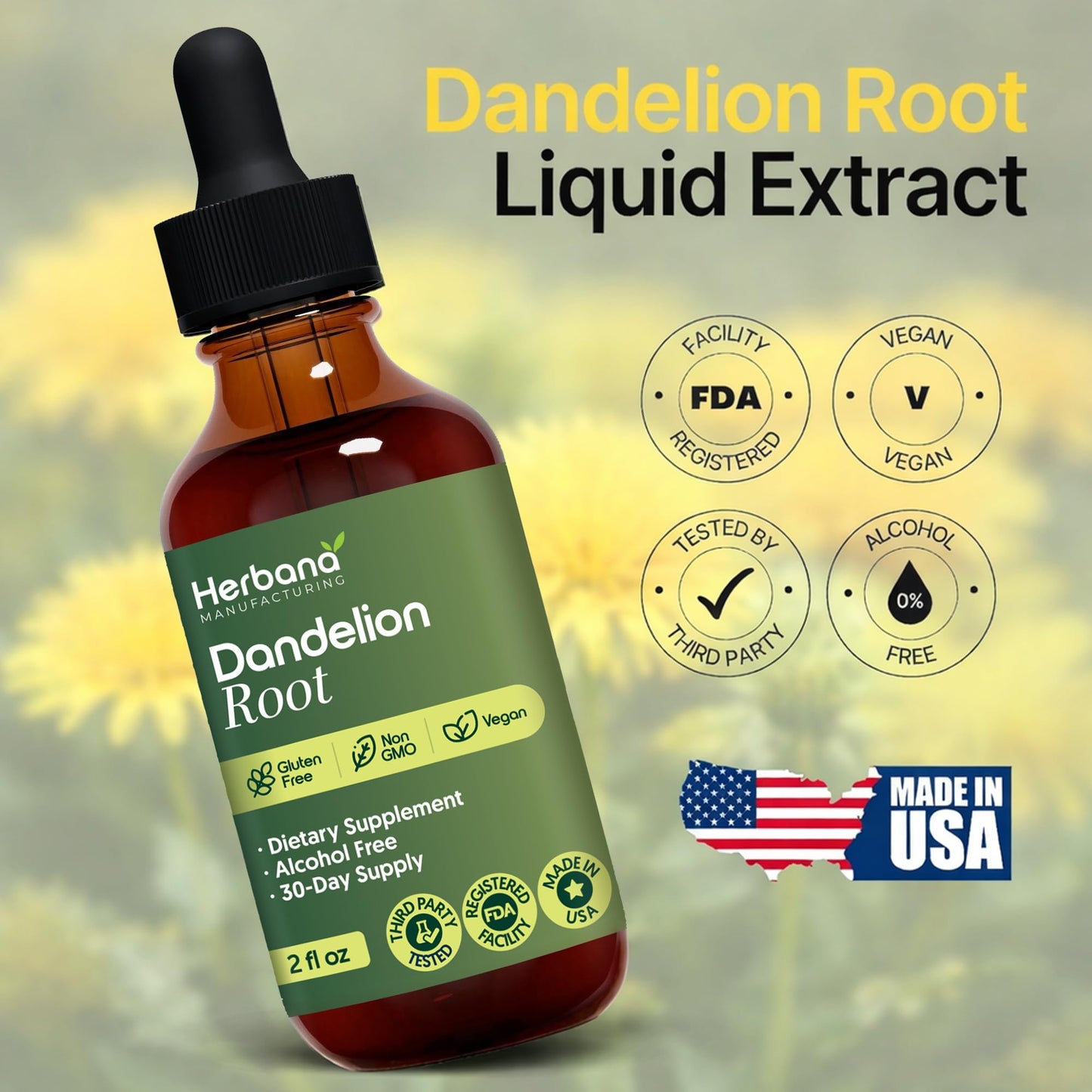 Dandelion Root 2 fl oz Liquid Extract - Natural Herbal Supplement for Cleansing, Digestive Function & Immunity - Organic Taraxacum officinale - Family Size