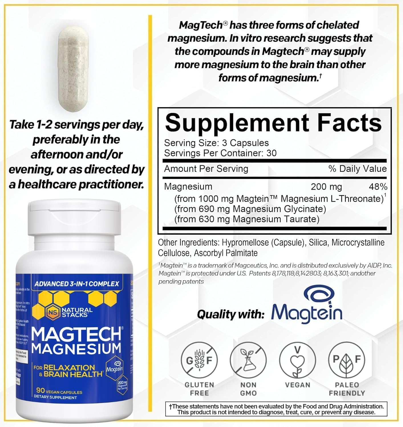 MagTech Magnesium Complex for Women & Men - 3 Forms of Magnesium: Glycinate, Magtein L-Threonate & Taurate - 200mg Chelated Complex - Support for Relaxation & Brain Health - 90 Glycinate Capsules NATURAL STACKS buy supplements Au