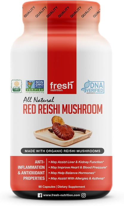 Fresh Nutrition Organic Reishi Mushroom Capsules - Rich in Alpha Glucan - Ganoderma Lucidum & Ganoderma Applanatim - Third Party Tested - 90 Capsules/Pills