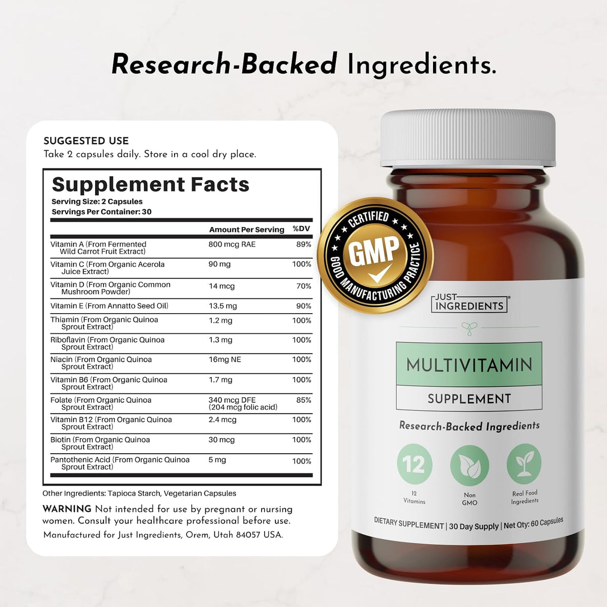 JUST INGREDIENTS Multivitamin - Plant-Based for Muscle & Immune Support - 60 Capsules