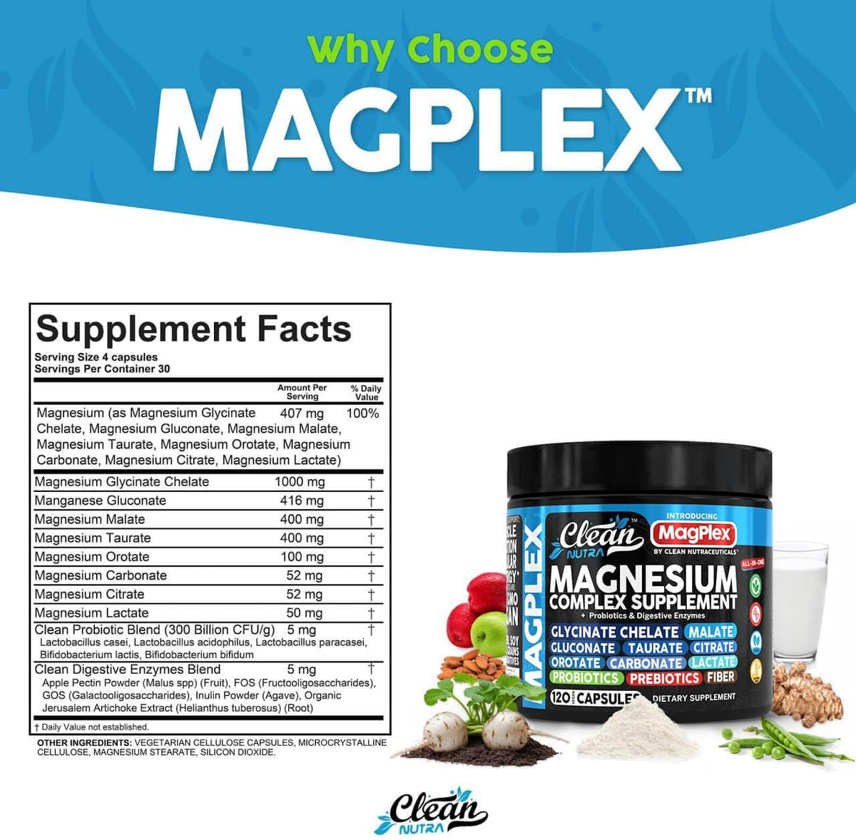 8in1 Magnesium Supplement Complex | Magnesium Glycinate Citrate Malate Gluconate Orotate Carbonate Lactate + Prebiotics Probiotics Digestive Enzymes Magnesio Capsules for Women Men By Clean Nutra