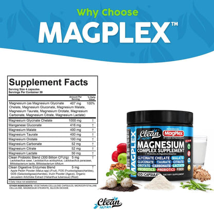 8in1 Magnesium Supplement Complex | Magnesium Glycinate Citrate Malate Gluconate Orotate Carbonate Lactate + Prebiotics Probiotics Digestive Enzymes Magnesio Capsules for Women Men By Clean Nutra