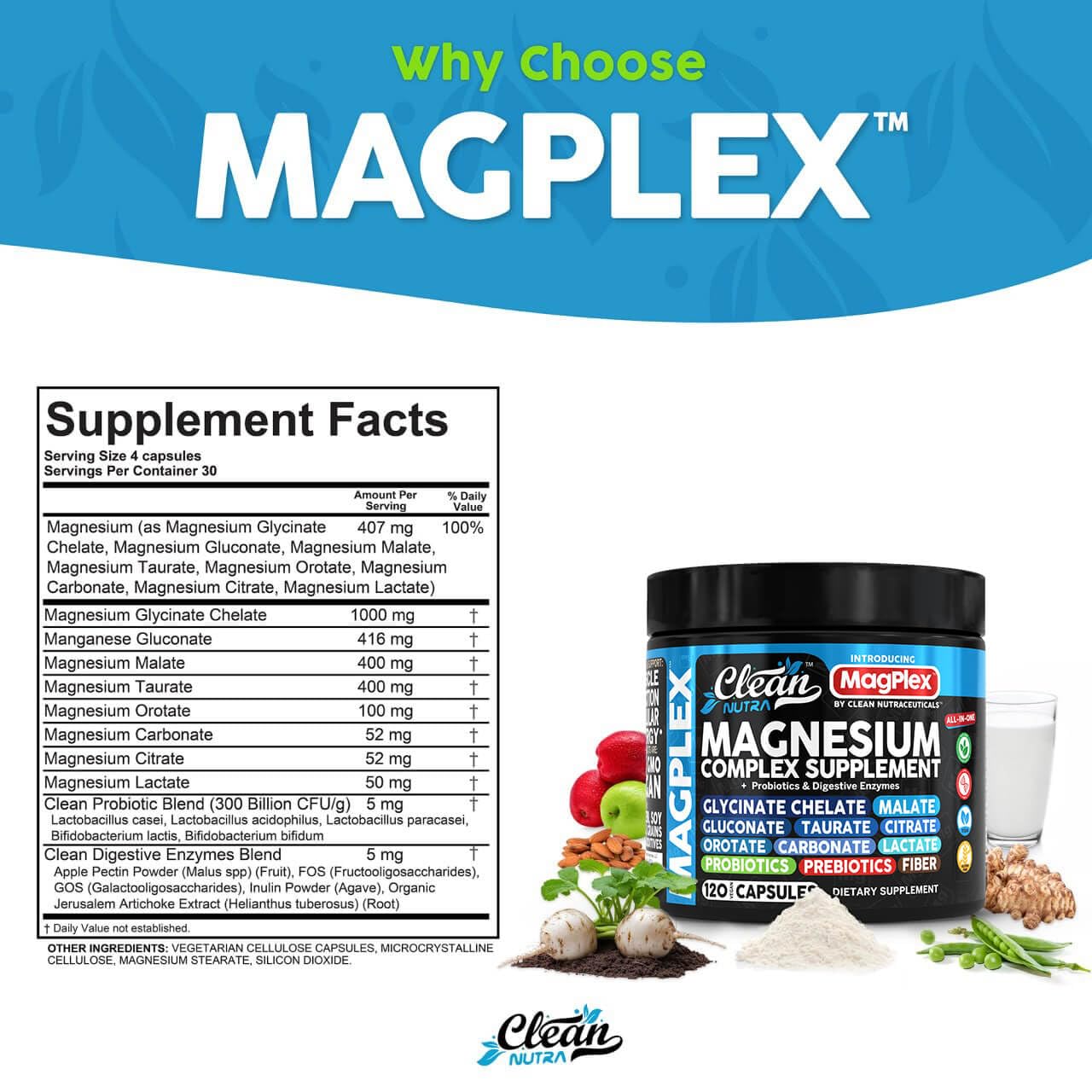 8in1 Magnesium Supplement Complex | Magnesium Glycinate Citrate Malate Gluconate Orotate Carbonate Lactate + Prebiotics Probiotics Digestive Enzymes Magnesio Capsules for Women Men By Clean Nutra Clean Nutraceuticals buy supplements Au