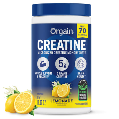 Orgain Creatine Monohydrate Micronized Powder, Lemonade Flavored, 5g Creatine, 70 Servings, Supports Muscle Growth, Post Workout Recovery