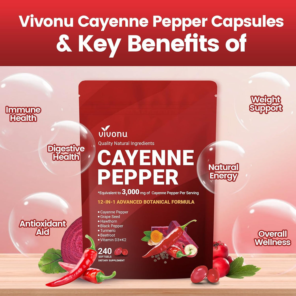 VivoNu Cayenne Pepper Softgels Supplement with Vitamin E D3+K2 and Extracts of Grape Seed, Hawthorn, Beetroot, Berberine and Others, Supports Leg Vein, Heart and Blood Vessel Health