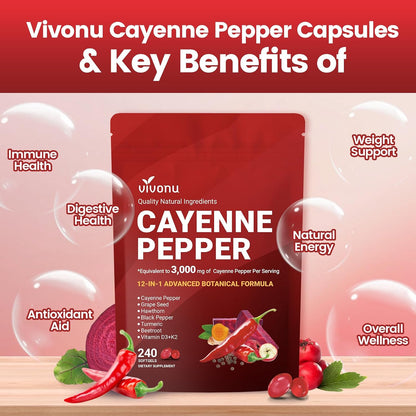 VivoNu Cayenne Pepper Softgels Supplement with Vitamin E D3+K2 and Extracts of Grape Seed, Hawthorn, Beetroot, Berberine and Others, Supports Leg Vein, Heart and Blood Vessel Health