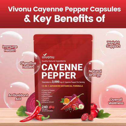Cayenne Pepper Softgels Supplement, Supports Leg Vein, Heart and Blood Vessel Health, with Vitamin E D3+K2 and Extracts of Grape Seed, Hawthorn, Beetroot, Berberine and Others (Softgels / 1 Bag)