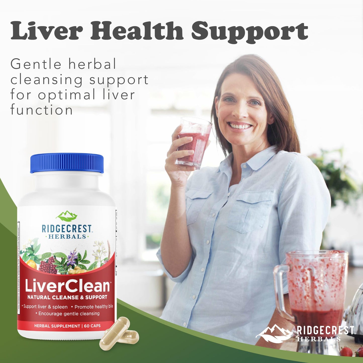 Ridgecrest Herbals LiverClean, Herbal Liver Support Supplement, Blessed Thistle, Dandelion, Detox, Cleanse Support, Healthy Bile (60 Caps, 30 Serv)