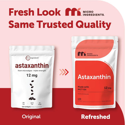Micro Ingredients Astaxanthin 12mg Per Serving with MCT Oil, 120 Softgels | 4 Month Supply. Natural Microalgae Sourced Astaxanthin Supplement. Easy-to-Swallow. Non-GMO, Gluten Free, Soy Free.
