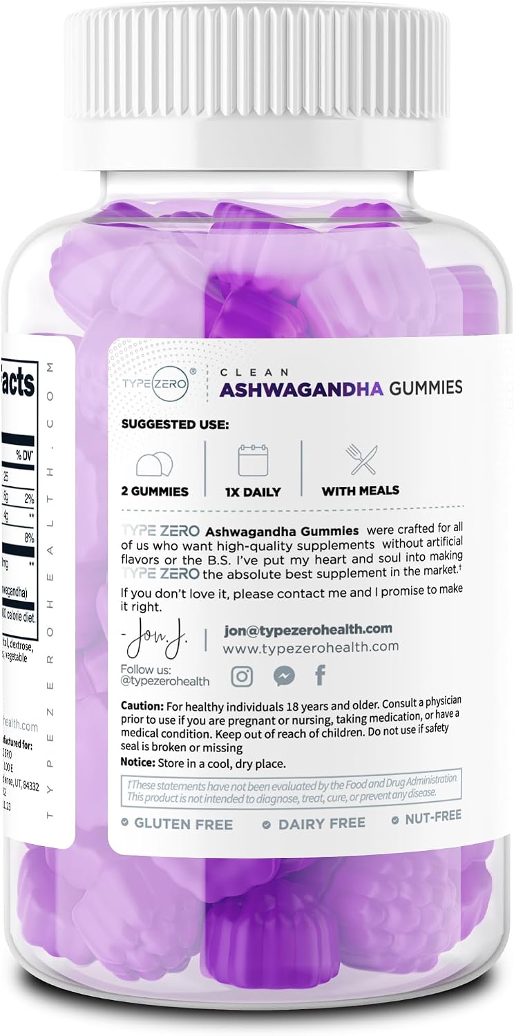 Type Zero Ashwagandha Gummies 60 Gummies for 30 Servings Per Bottle - Ashwagandha Herbal Extract Supplement, Gluten Free, GMO Free