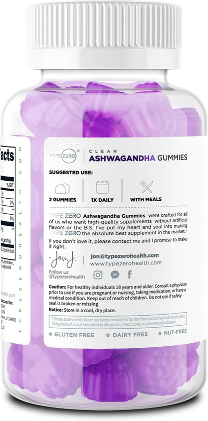 Type Zero Ashwagandha Gummies 60 Gummies for 30 Servings Per Bottle - Ashwagandha Herbal Extract Supplement, Gluten Free, GMO Free