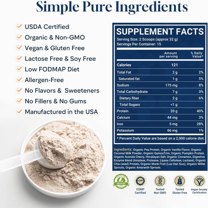 Organic Vegan Protein Powder - 20g Plant Based Protein for Women and Men, with Pea Protein, Superfood & Digestive Enzymes - Clean Protein, Gluten-Free, Gut-Friendly & Non-Bloating, Keto