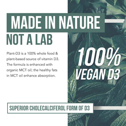 Organic Vitamin D3 10,000 IU - Plant D3, Vegan, Max Strength Sublingual Liquid D3 Drops - 200% Higher Absorption, 100% Plant-Based Cholecalciferol Form & Vegan D3, Adjustable Dosing (30 Servings)