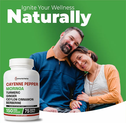 Cayenne Pepper Moringa Turmeric Ginger Capsules, 150 Pills, Extra Strength, Non-GMO & Gluten Free, Pure Berberine HCL and Ceylon Cinnamon Extract Powder