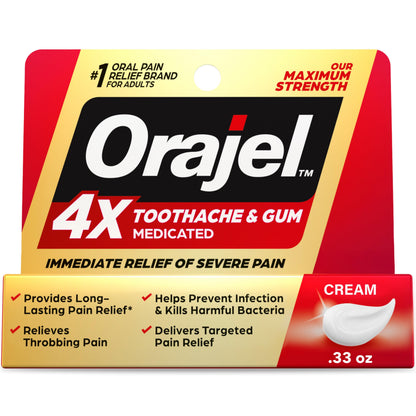 Orajel 4X for Toothache & Gum Pain: Severe Cream Tube 0.33oz- From Oral Pain Relief Brand