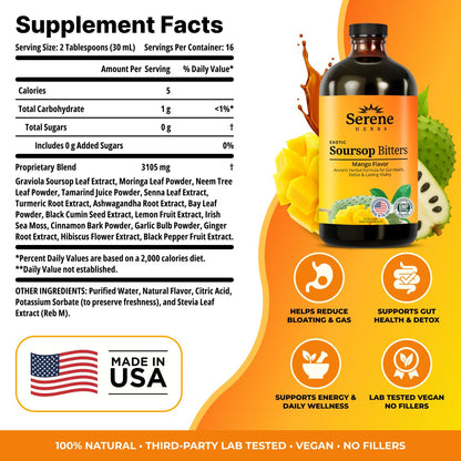 Serene Herbs Soursop Bitters Liquid with Soursop Leaves for Gut Cleanse, Detox & Immune Boost with Black Seed, Moringa, Irish Moss