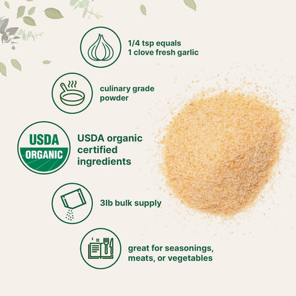 Organic Garlic Powder, 3 lb | Premium Raw Allium Sativum Bulb | Pungent & Savory Flavor | Great for Meats, Vegetables & Spice Mixes | Additive Free, Non-GMO, Bulk Supply