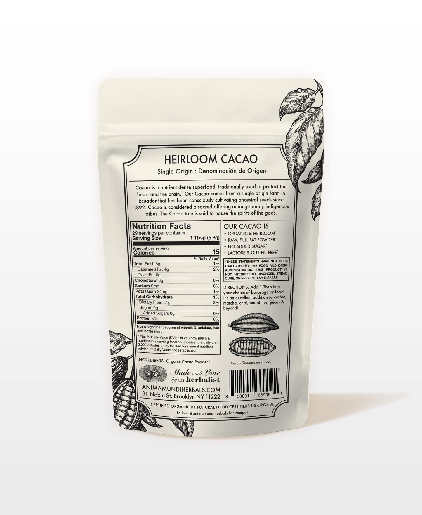 Anima Mundi Heirloom Cacao Powder - Organic Ancestral Seeds - Single Origin Ecuador Cacao Arriba Superfood for Ceremonial Rituals - Antioxidant-Rich