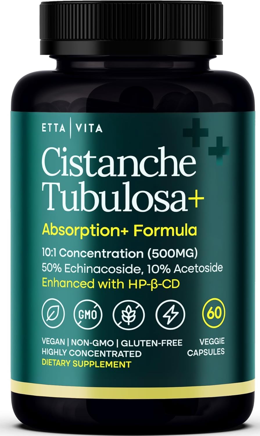 Cistanche Tubulosa Capsules 500 mg 2x Potent 50% Echinacoside/10% Acetoside | Cistanche supplement enhanced absorption with HBC for stress, mood, cortisol support & hormonal balance, vegan, non-GMO, USA
