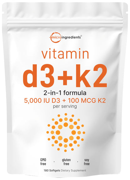 Micro Ingredients Vitamin D3 + K2 MK-7 5,000 IU Per Serving, 300 Softgels | K2 100 mcg Per Serving, D3 & K2 Vitamin Supplement for Women & Men. Easy-to-Swallow, Non-GMO, Gluten Free.