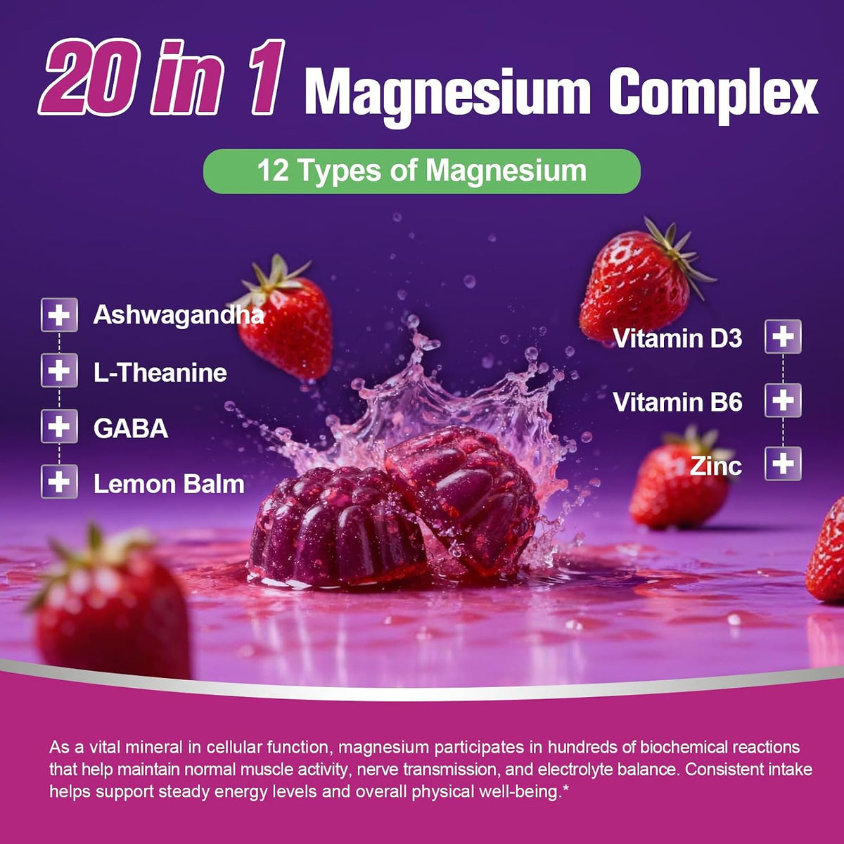 Migcopat Magnesium Complex 20 in 1 Magnesium Gummies with Glycinate Citrate Malate Taurate - Ashwagandha, L-Theanine, D3&Zinc for Relaxation, Sleep, Muscle&Heart Support, Strawberry, 60 Cts