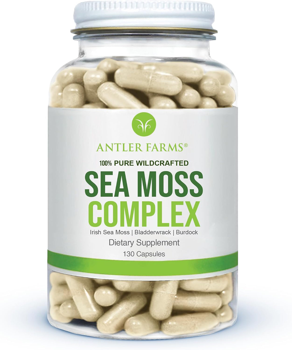 Antler Farms Sea Moss Complex - Bladderwrack, Burdock Root, 130 Capsules | Wildcrafted Irish Sea Moss, Bladderwrack, and Burdock Root, for Wellness, Vegan-Friendly, Gluten, Soy, and Dairy Free