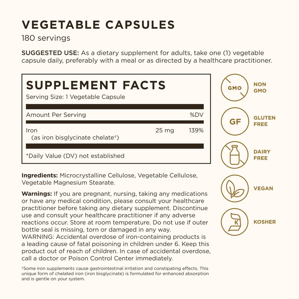 Solgar Gentle Iron, 180 Vegetable Capsules - Ideal for Sensitive Stomachs - Non-Constipating - Red Blood Cell Supplement - Non GMO, Vegan, Gluten-Free, Dairy Free, Kosher - 180 Servings