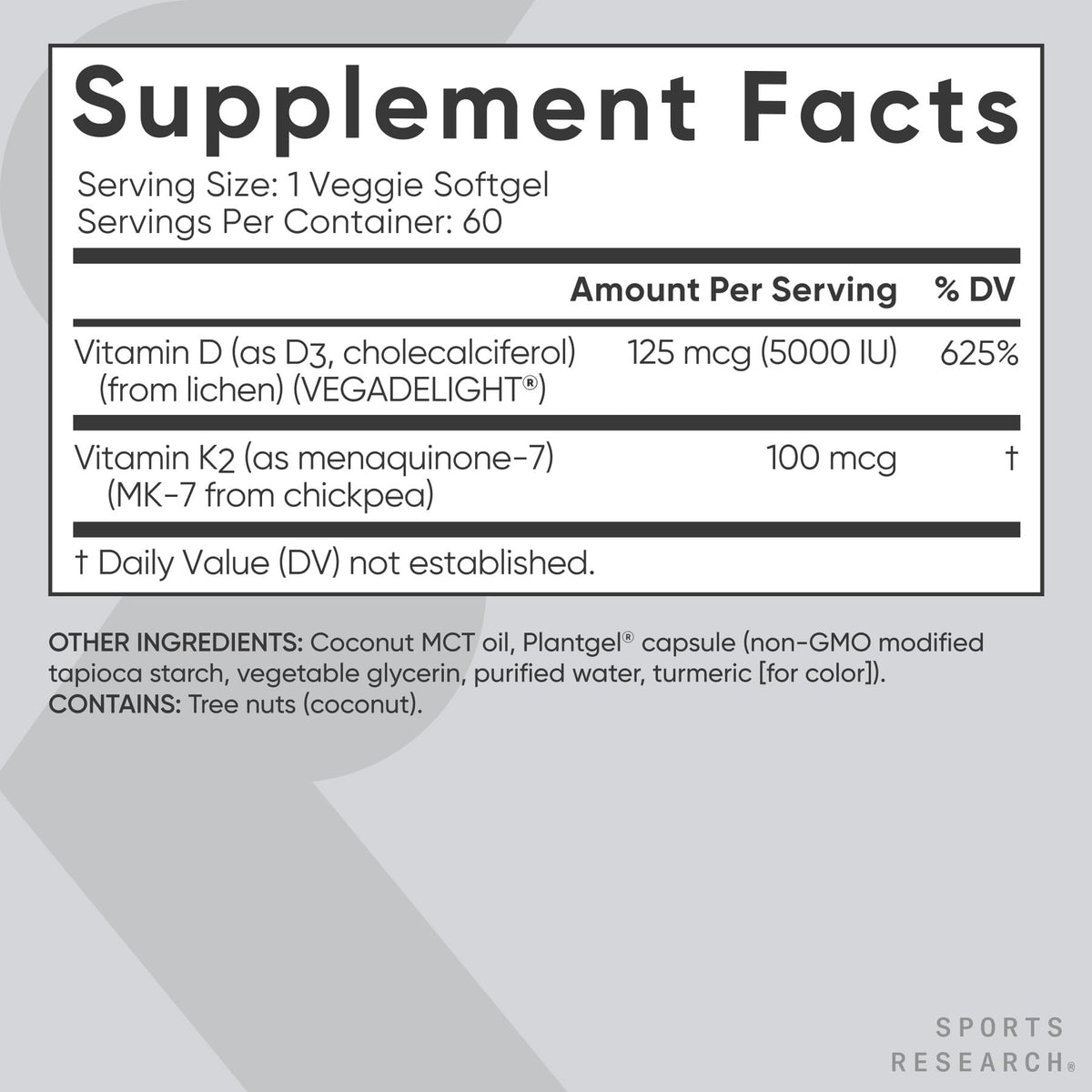 Sports Research® Vitamin D3 + K2 w/ Coconut Oil - Vegan Vitamin D 5000iu & Mk7 Vitamin K 100mcg for Bone & Immune Support - Vegan Certified · Non-GMO · Soy Free - 60 Softgels