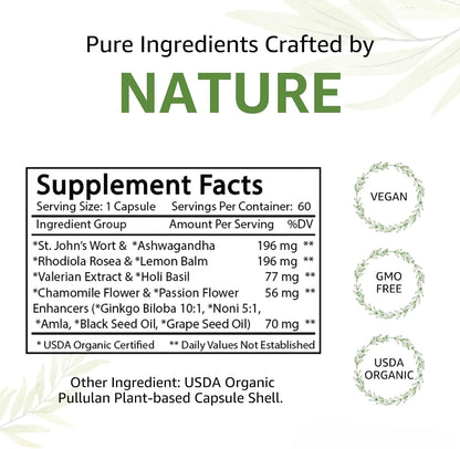 Bodymune Organic MoodBliss | Supports a Calm, Relaxed & Positive Mood* | with Ashwagandha, St. John's Wort & Lemon Balm | USDA Organic, USA-Made, Non-GMO, Gluten-Free - 60 cts.