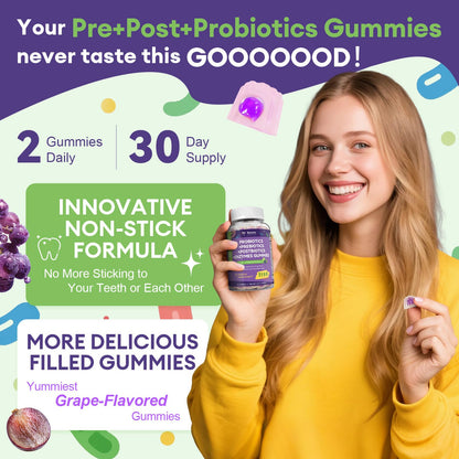 Totaria 2 PCS Sugar Free 5-in-1 Probiotic Prebiotic Postbiotic Gummy, 36 Strains Probiotics for Women Men with Digestive Enzymes, Peppermint, Complete Immune, Gut & Digestive Support, Grape Flavor
