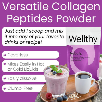Wellthy Collagen Peptides Protein Powder - Grass Fed Hydrolyzed Collagen for Hair Growth, Skin, Nails, Gut and Joint Support - 20,000mg Collagen & 18g Protein | Unflavored (15 Servings)