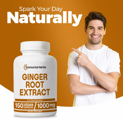 Ginger Root Capsules 1000mg, 4:1 Extract Powder, 150 Pills, Vegan, Non-GMO and Gluten-Free Ginger Supplement for Men and Women, 2 Month Supply