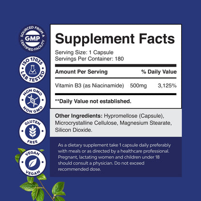 Pure Vitamin B3 Niacinamide 500mg Capsules - Niacinamide (Vit B3) 500mg Flush Free Form of B3 Vitamins for Skin Health Detox & NAD Production Support for Women & Men