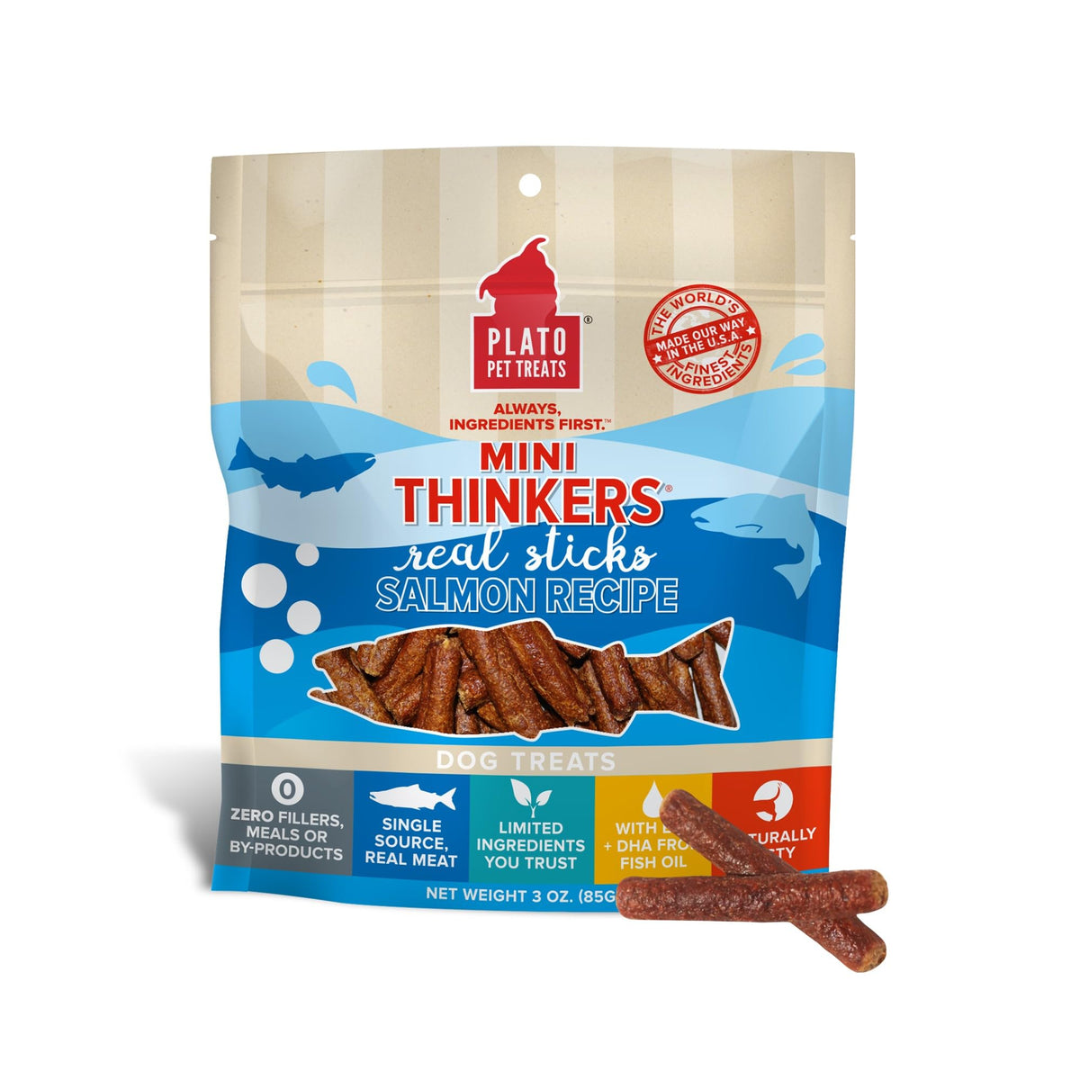 Plato Meat Sticks Salmon Dog Treats, Air-Dried High-Protein Soft Chews with Omega Fish Oil (EPA & DHA), 10 oz