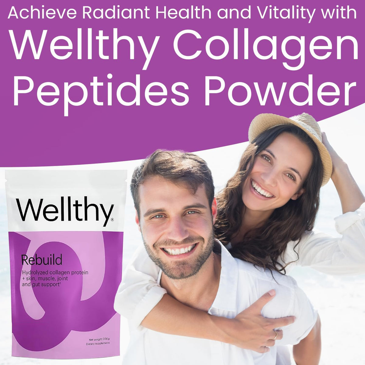 Wellthy Collagen Peptides Protein Powder - Grass Fed Hydrolyzed Collagen for Hair Growth, Skin, Nails, Gut and Joint Support - 20,000mg Collagen & 18g Protein | Unflavored (15 Servings)