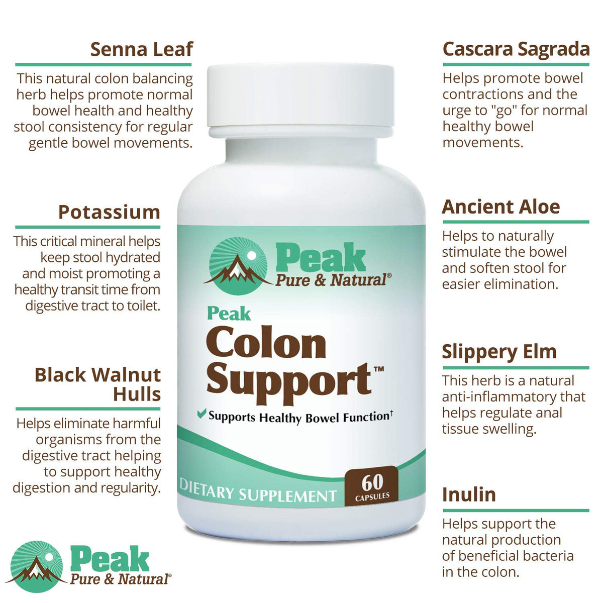 Peak Pure & Natural Colon Support - Colon Cleanse and Detox Supplement for Digestive Health - Gut Health Support with Inulin and Senna Leaf Extracts - with Fiber, Prebiotics, and Probiotics - 1 Pack